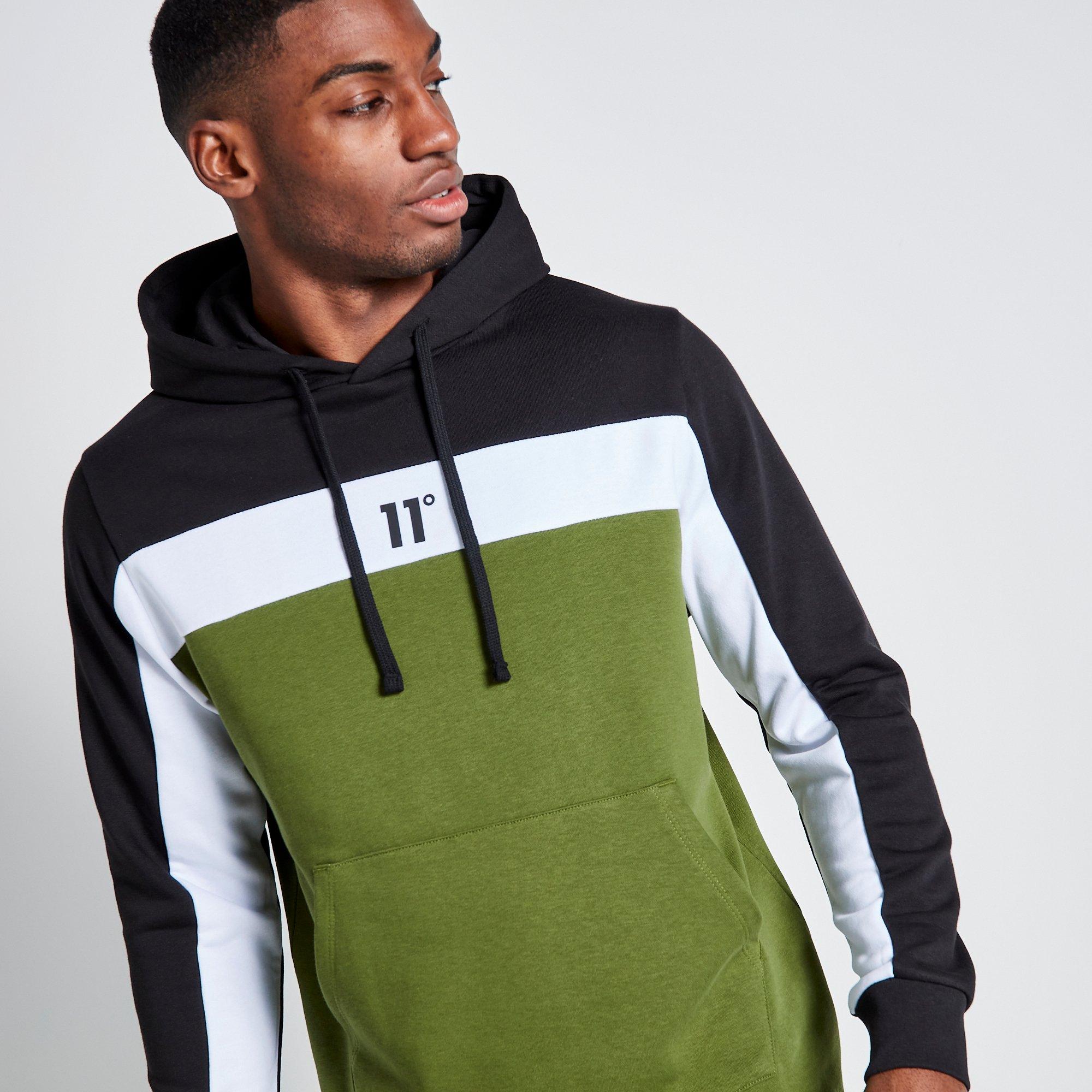 11 Degrees 11D Cut and Sew Panelled Hoodie Black  Darkest Spruce Green