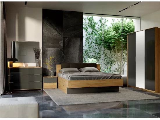 Chambre LUNA avec tiroir de rangement, chevets posés, lave mat et chêne clair 160x200 cm - SANS ARMOIRE
