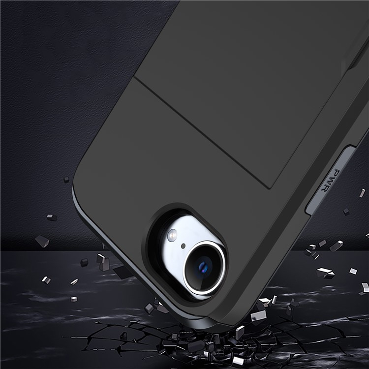 iPhone 16e Hybrid Hardcase Hülle mit integriertem Karten Portemonnaie (aufschiebbar) - Schwarz