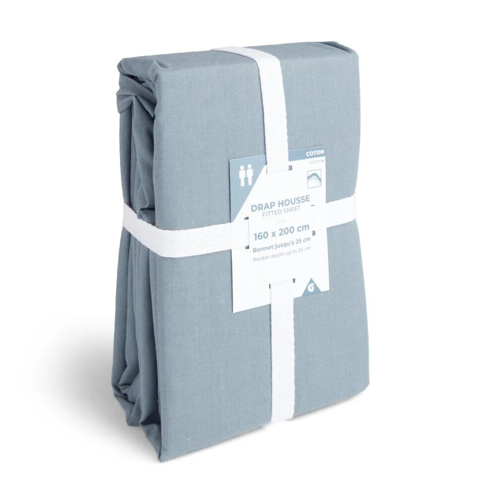 Drap housse 160x200cm 100% coton bleu chiné
