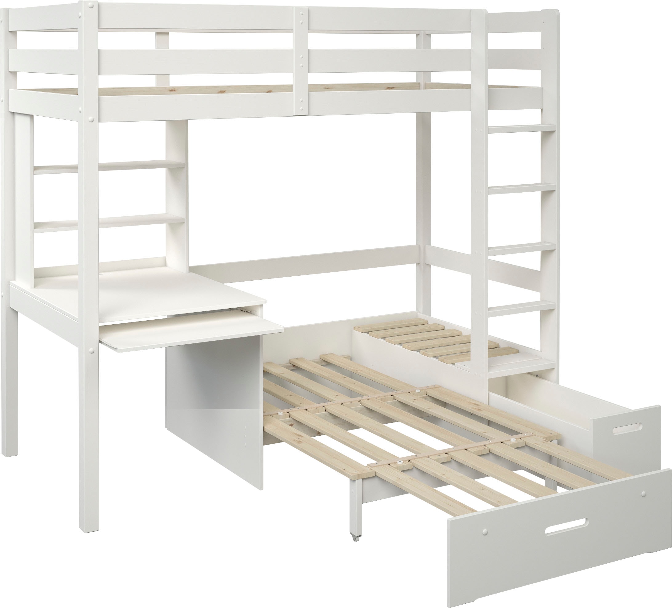 Lüttenhütt Etagenbett »HENNE' TOPSELLER! Hochbett, Ideal für kleine Räume, 2 Schlafplätze« zweiter Schlafplatz ausziehbar, B/H/T ca. 208/180/105cm,  mit Polsterauflagen+ Schreibtisch + Stauraum, mehrere Farben