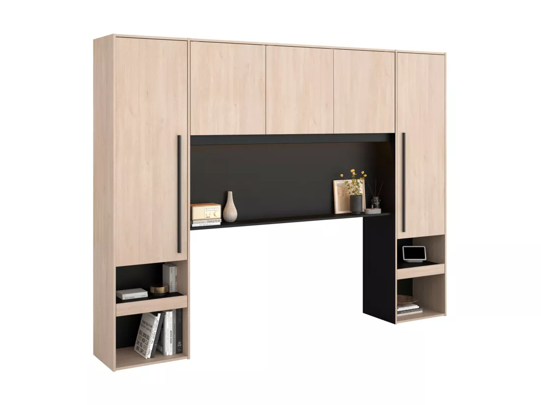 Pont de lit avec rangements - Avec LEDs - L265 cm - Coloris : Naturel et noir - VELONA