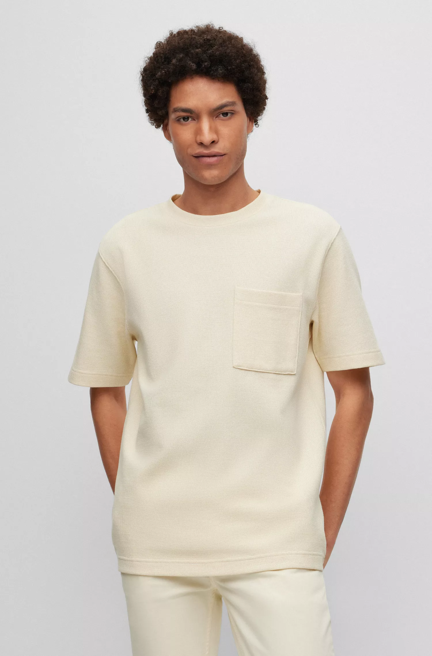 Camiseta BOSS laranja, modelagem relaxada, em mistura de algodão com textura waffle.