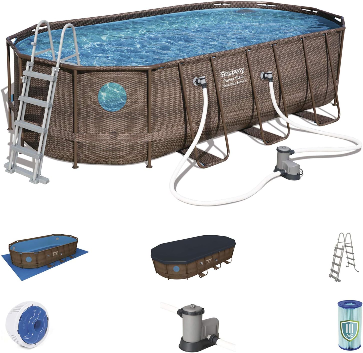 Bestway 56946 Piscine Power Steel™ Swim Vista ovale 488 x 305 x 107 cm motif rotin avec hublots, filtration à sable, échelle, bâche et diffuseur Chemconnect™