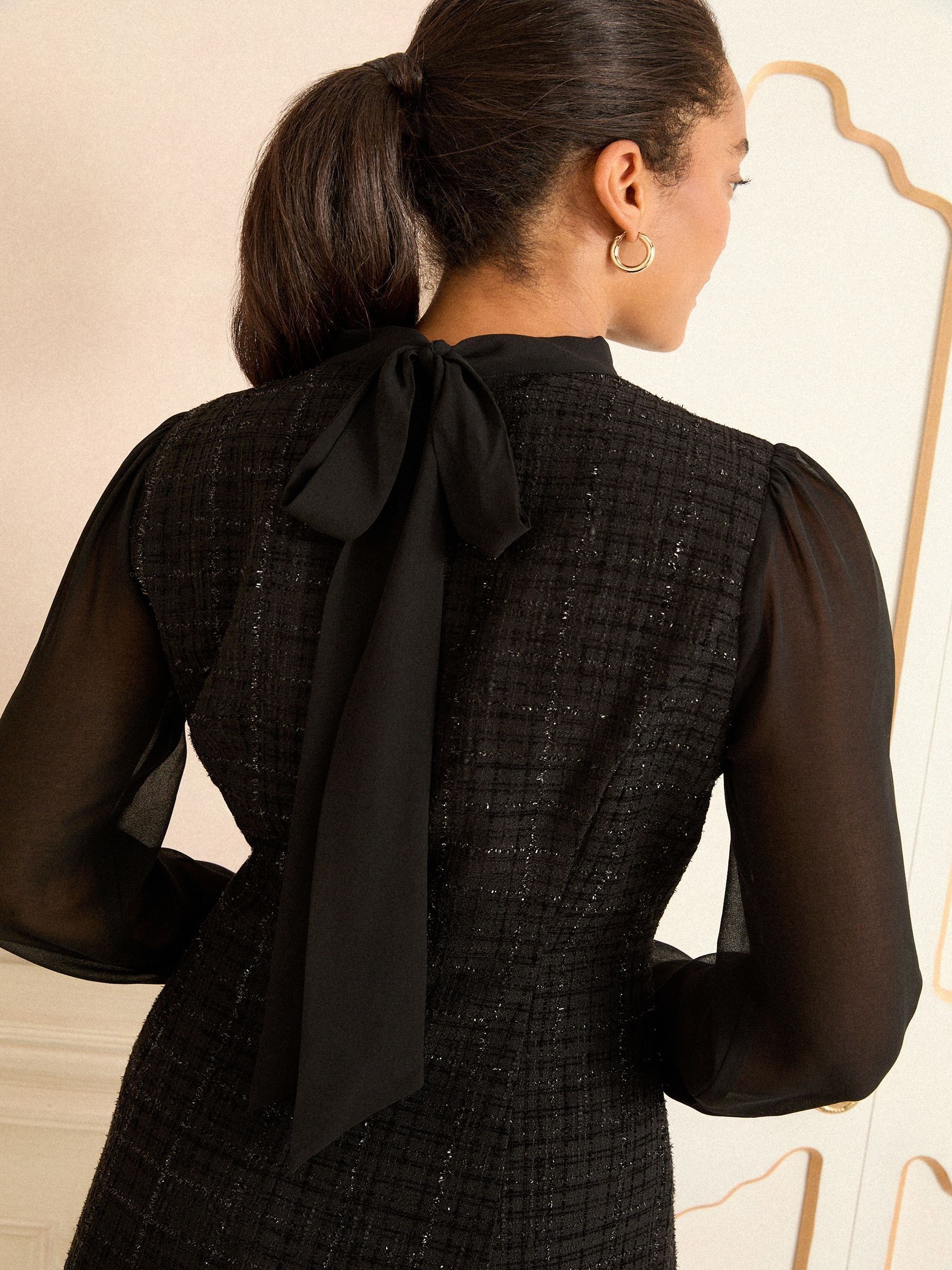 Love & Roses Long Sleeve Embellished Chiffon Tweed Mini Dress