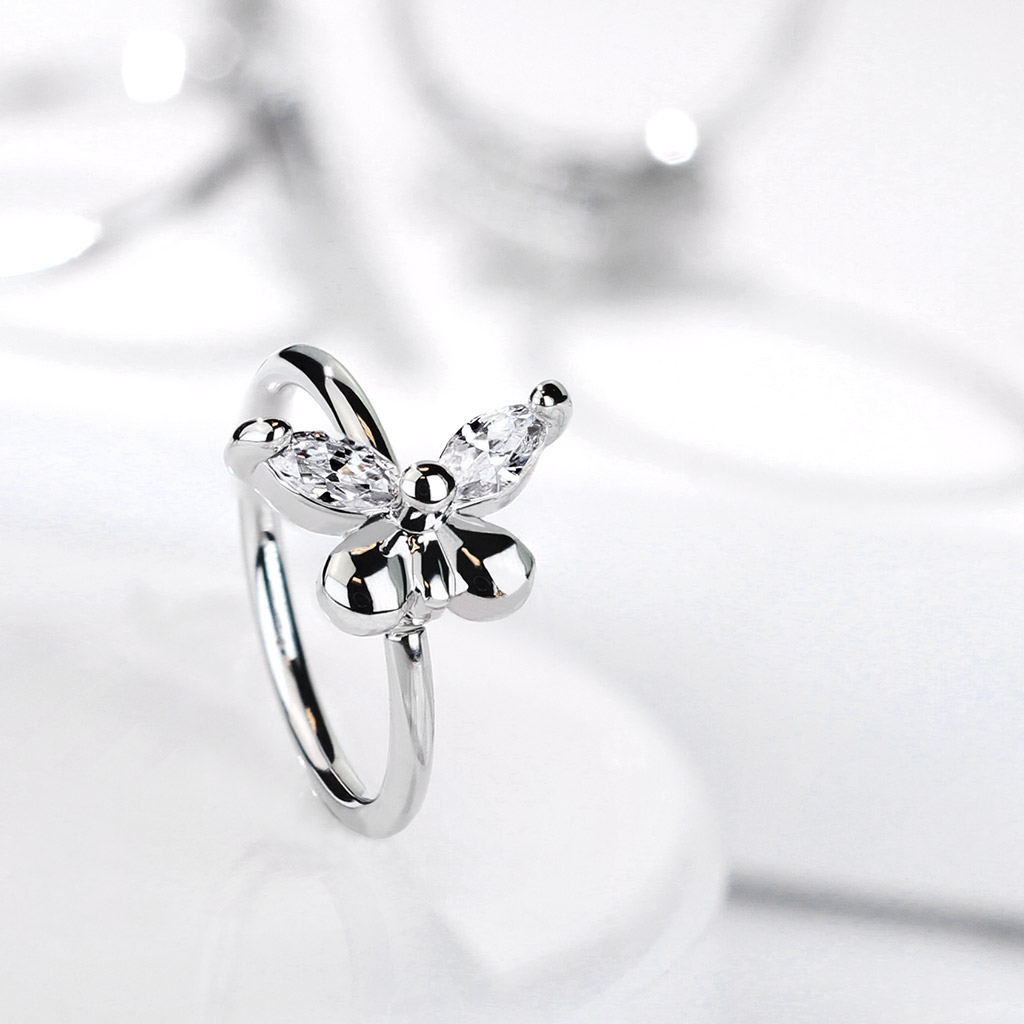 (8mm / 0.8mm) Helix / Conch / Nostril Mehrzweck Piercing Ring mit Schmetterling - Silber