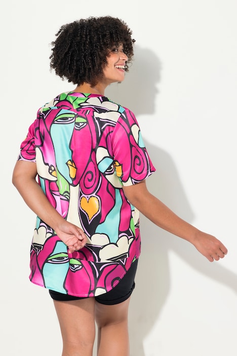Bluse, Relaxed Fit, Satin mit Gesichts-Druck, Tunika-Ausschnitt, Halbarm