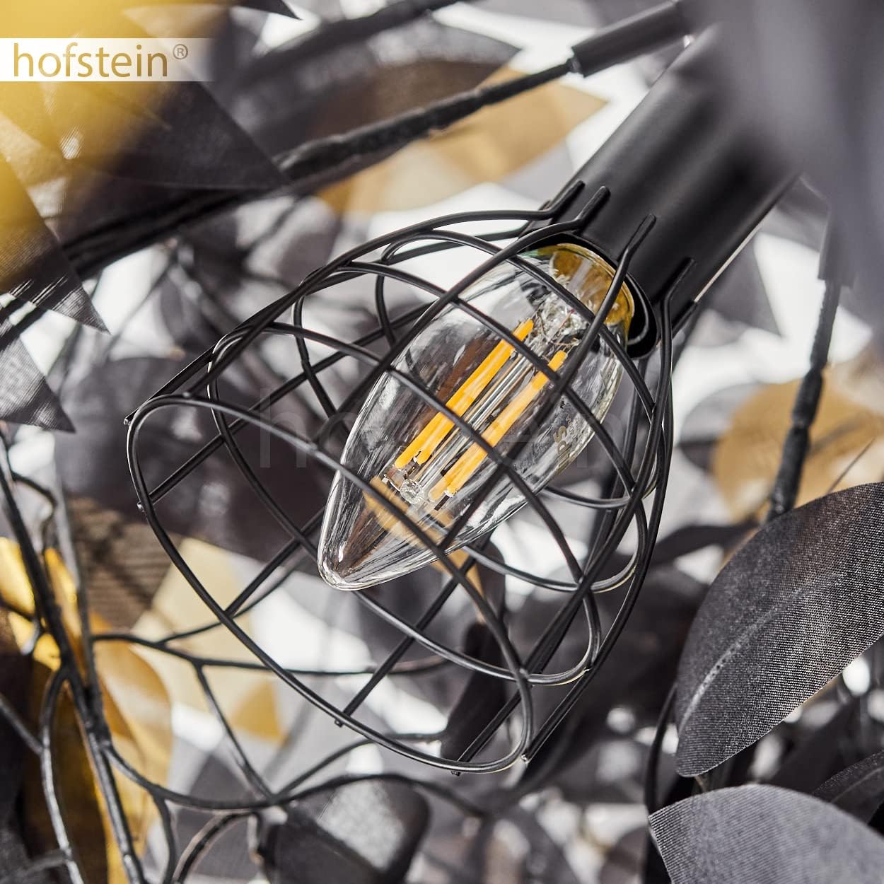 Stehleuchte Kallax, Stehlampe aus Metall/Kunststoff in Schwarz/Goldfarben, Standlampe mit Schirm in Blatt-Optik, Höhe 190 cm, mit Fußschalter am Kabel und Lichteffekt, 3 x E14, ohne Leuchtmittel