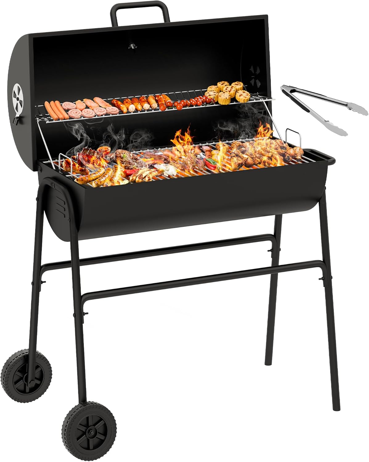 YITAHOME M Holzkohlegrill BBQ Smoker Grillwagen mit Höhenverstellbare Kohlenstoffpfanne & Thermometer, Standgrill für Party, Camping, Garten, inkl. Küchenzange