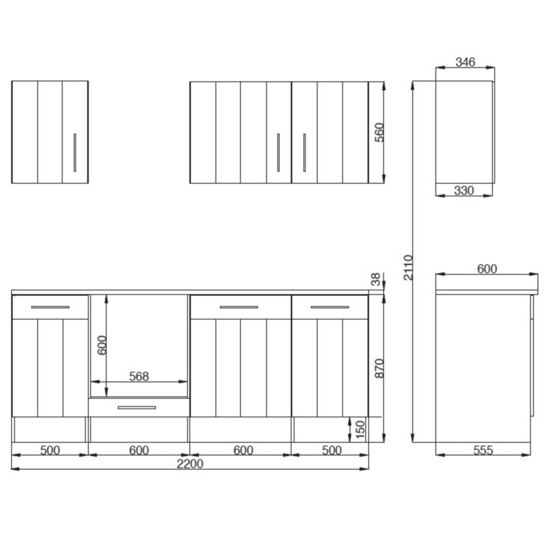RESPEKTA Küchenblock - Lärche weiß - mit E-Geräten - 220 cm