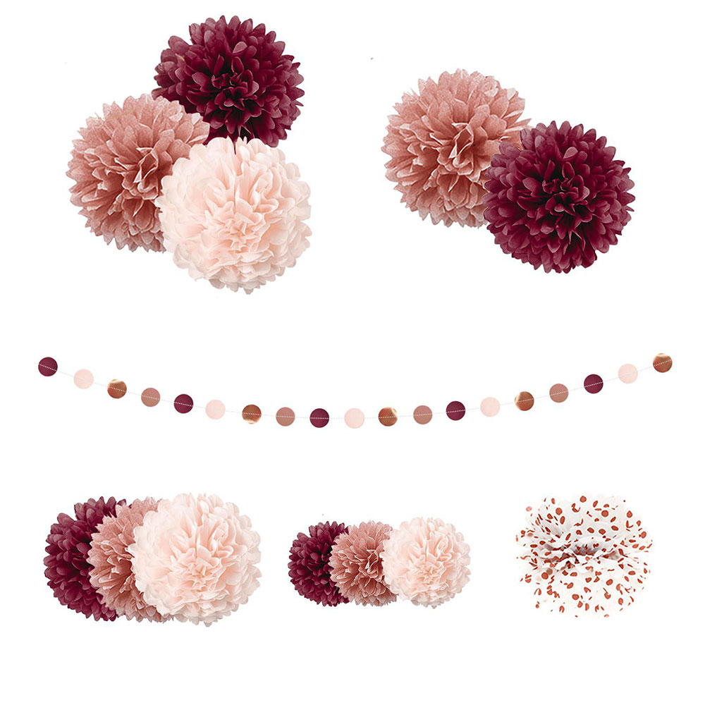 (15-tlg. Set) Papier Pompon's Deko Kreis Girlande Party / Geburtstag / Hochzeit - Roségold / Rosa / Bordeux