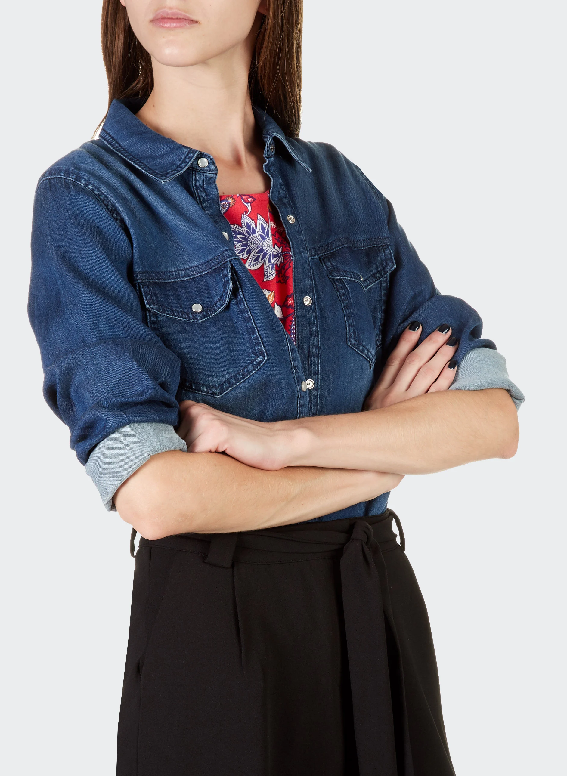 Chemise col classique boutonnée en jean | Bleu