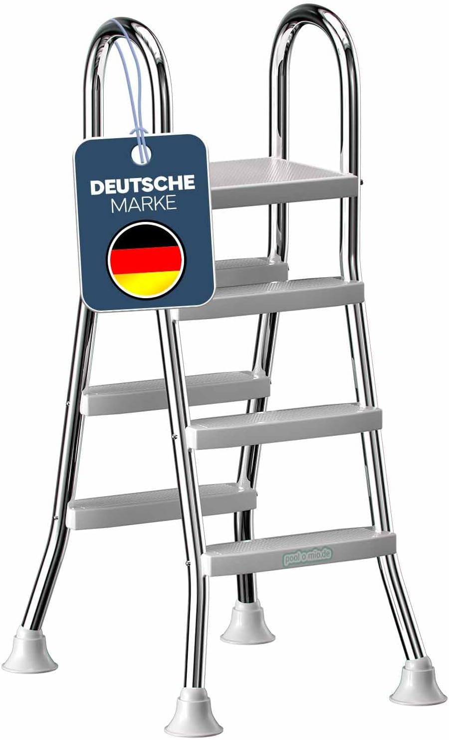 poolomio® Poolleiter Edelstahl mit Handlauf bis 120 cm | Einstiegsleiter mit 3 Stufen für Aufstellpools von 0,9 m bis 1,22 m | sicherer Einstieg, langlebig, stabil | Sicherheitsleiter Traglast 150 kg