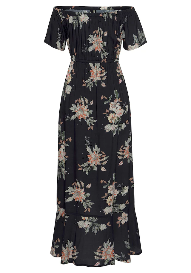 LASCANA Maxikleid im angesagten Vokuhila-Schnitt und Carmenausschnitt, Sommerkleid