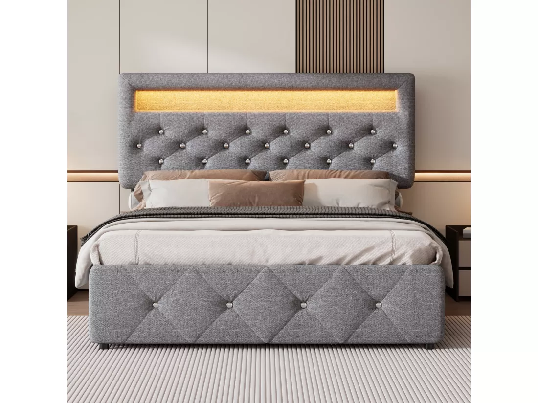 Lit adulte rembourré 140x200cm avec LED - avec un lit gigogne et 2 tiroirs - Tissu en Lin - Gris