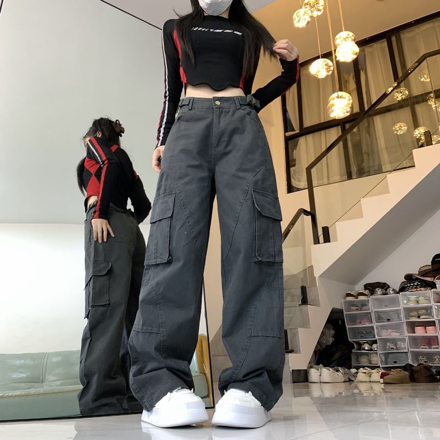 Kenning - Mid Waist Washed Wide Leg Cargo Jeans