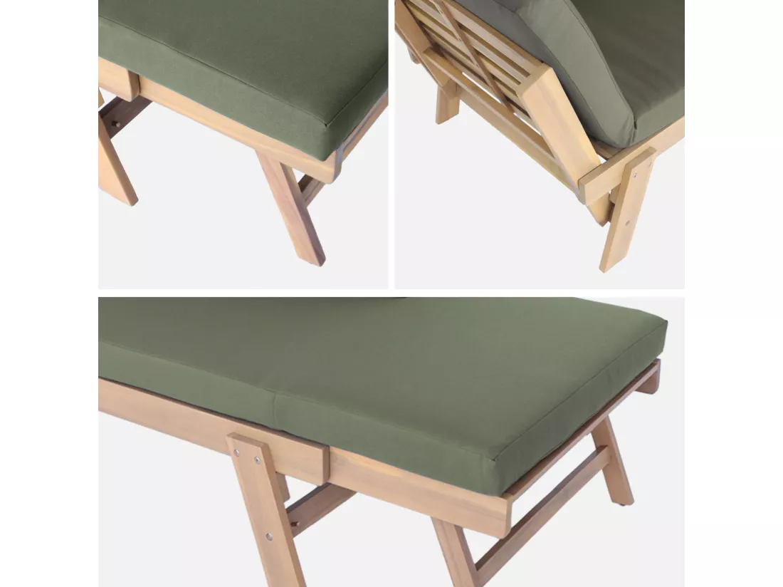 Banquette de jardin kaki 2/3 places JALANCE. accoudoirs modulables 155/200x72x74.5cm