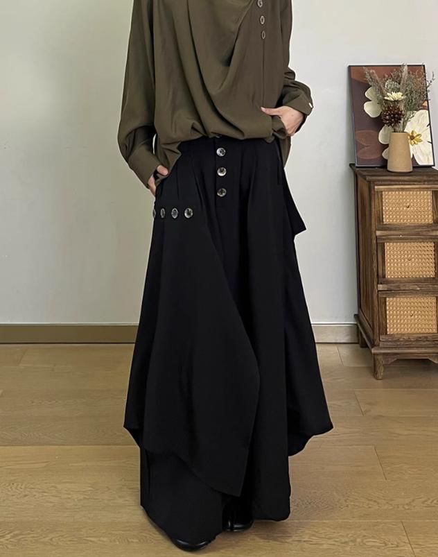 JUN.LEE - Hoge taille effen asymmetrische wijde broek / Oversized overhemd met lange mouwen