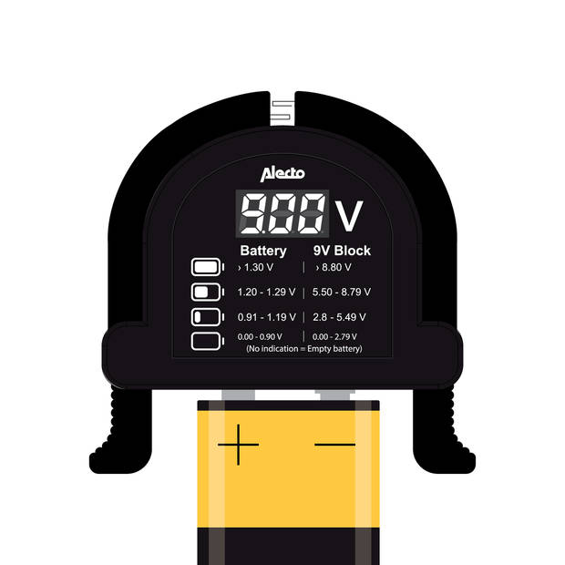 Compacte universele batterijtester voor AA, AAA, C, D en 9V batterijen Alecto Zwart