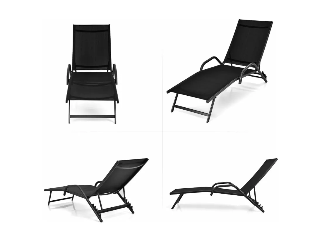 Lot de 2 Bains de Soleil Inclinables d'Extérieur avec Accoudoirs et Dossier Réglable à 5 Positions, Charge 150 kg, Noir