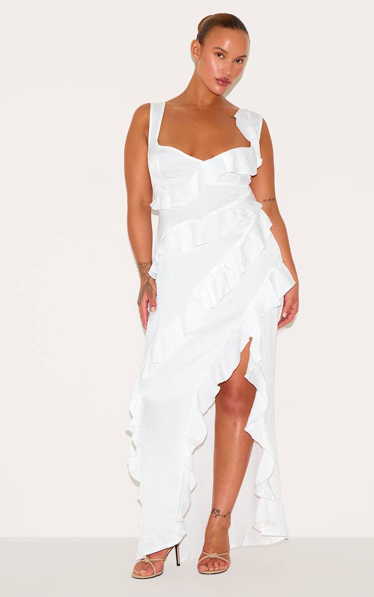 Blanc Robe Longue Satinée À Volants Superposés Grande Taille