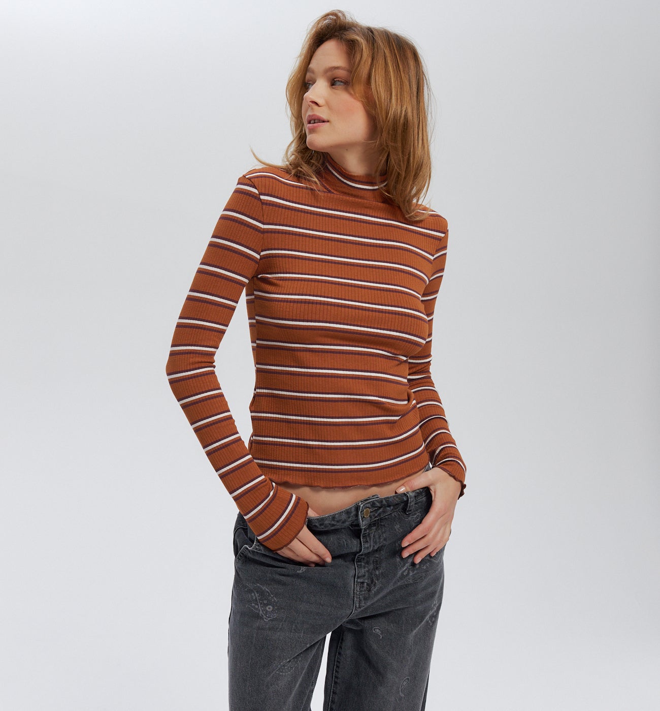 T-shirt col cheminée Femme - Rayé cognac