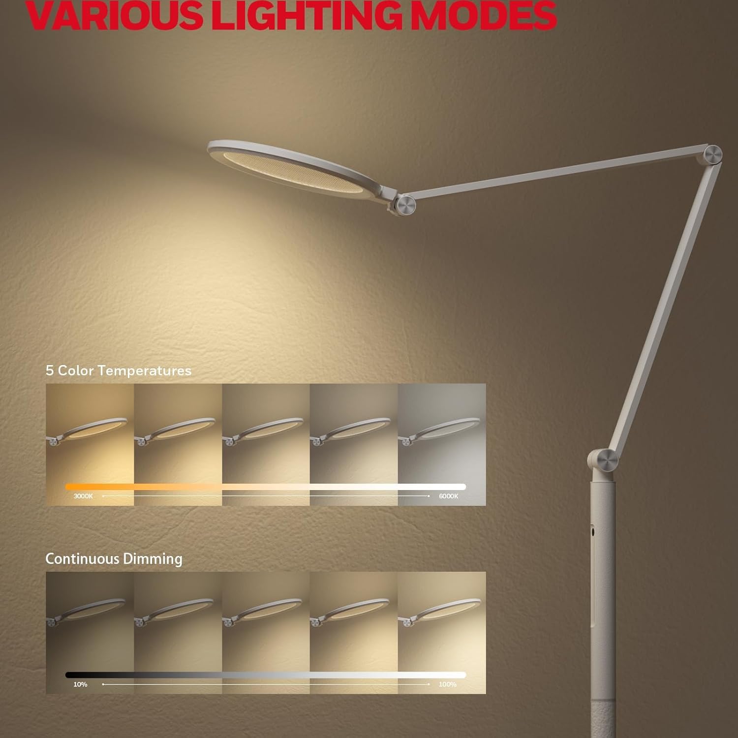 Honeywell LED Stehlampe - F01WT Sunturalux™ Augenfreundliche dimmbare Stehlampe mit Fernbedienung, 5 Farben & 5 Helligkeitsstufen verstellbare Lampe für Zuhause, Büro, Wohnzimmer, Weiß