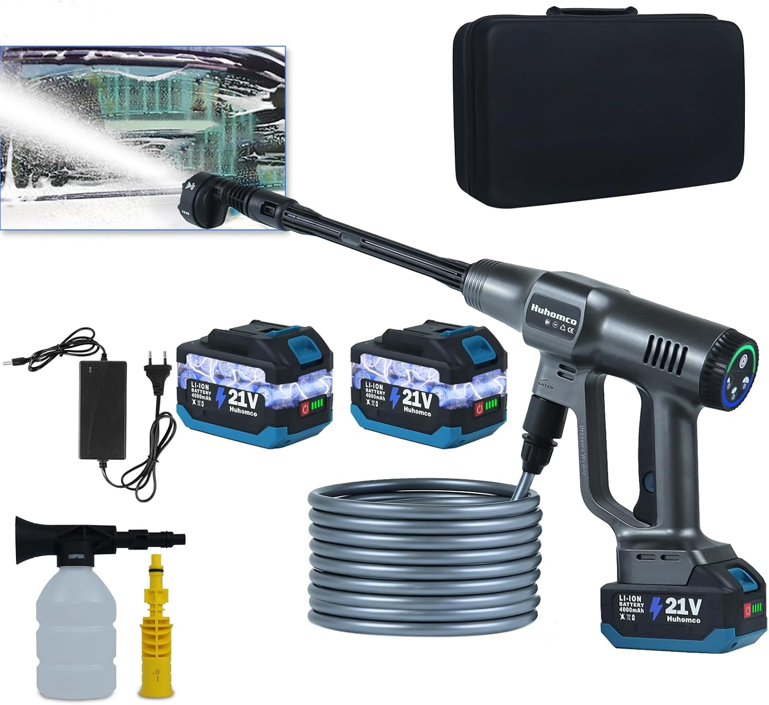 Mobiler Akku Hochdruckreiniger mit Akku 4000Mah x 2, Max 200Bar/2900Psi mit Bürstenlosen, Tragbar Druckreiniger Hochdruckpistole mit 6-In-1 Multifunktionale Düse für Bewässerung, Autowäsche