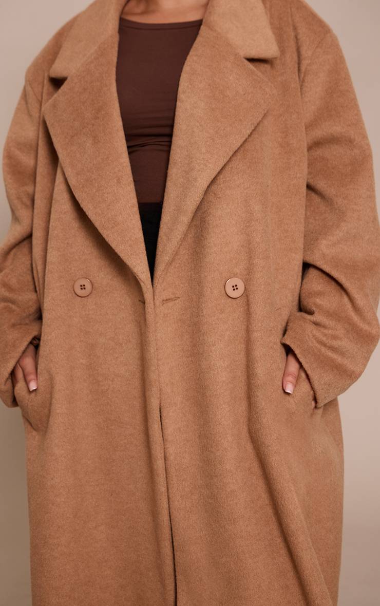 Marron Manteau Maxi En Laine Brossée Grande Taille