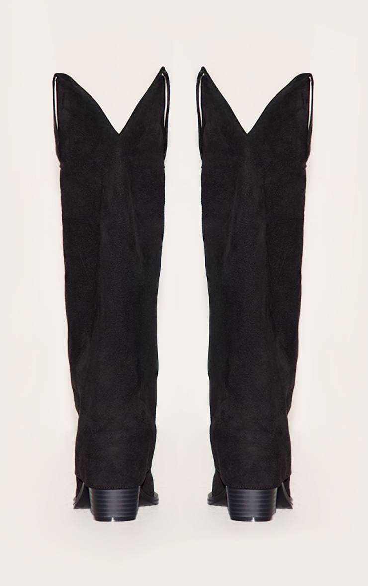 Noir Bottes Western Hautes Au-dessus Du Genou À Talon Bloc En Daim Bout Carré Avec Revers