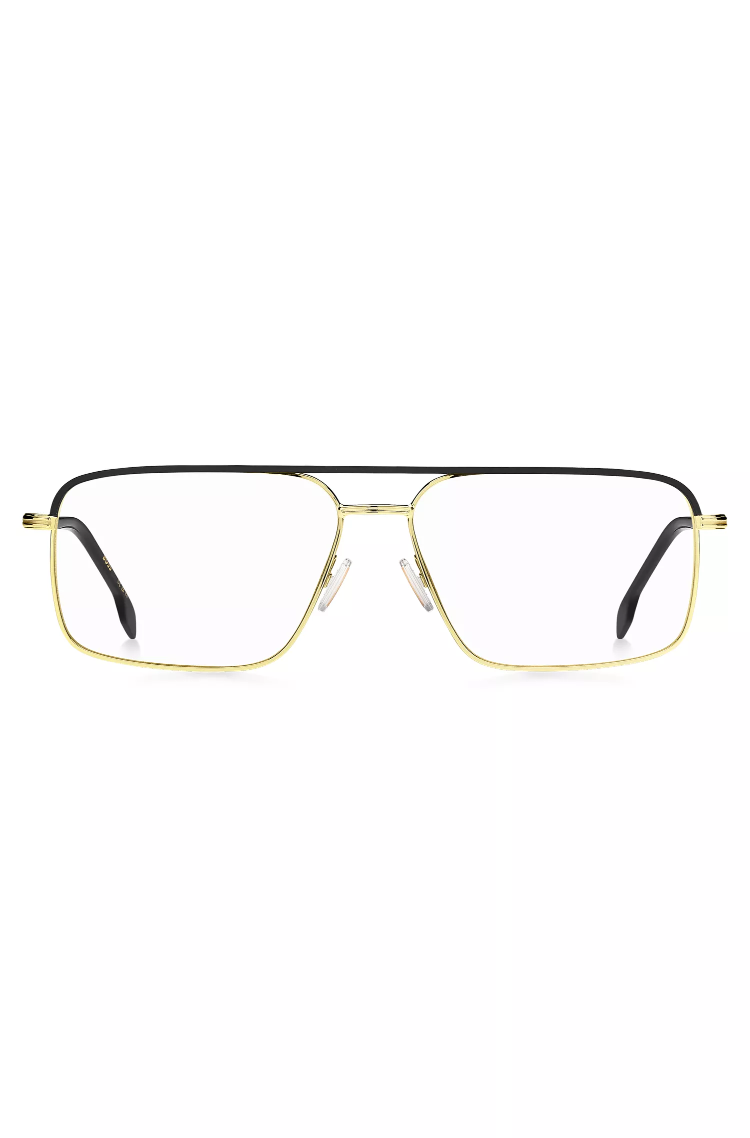 Armações de óculos BOSS Black-Steel com acabamentos em preto e dourado.