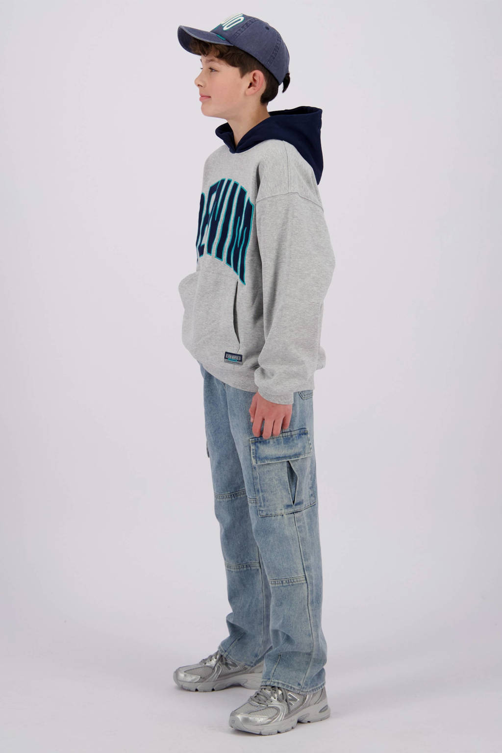 Vingino hoodie Nano met printopdruk grijs melange/donkerblauw