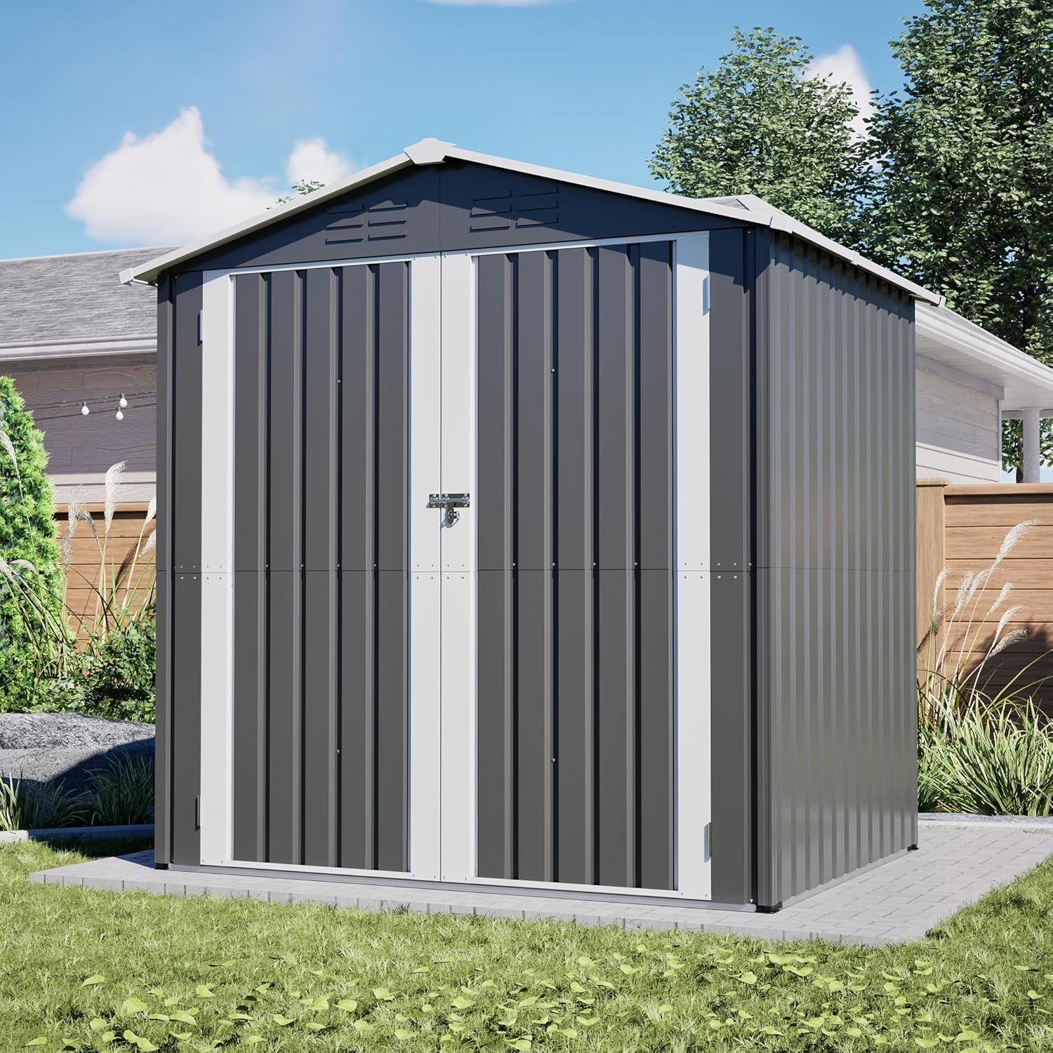 Metall Gerätehaus Gerätehaus mit Pultdach,Gartenhaus Geräteschuppen Garten Schuppen Inkl. Metallfundament (ohne Boden), Geräteschrank für Garten (Grau, S)