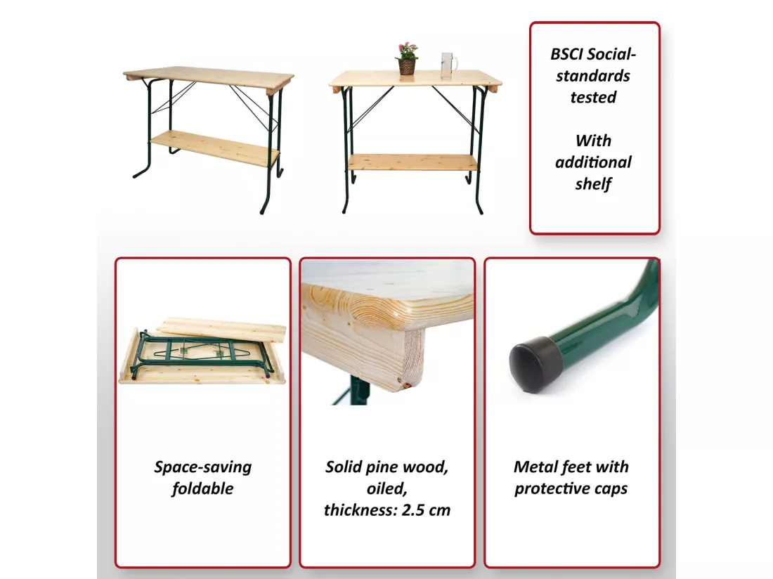 Table haute HWC-L67 - table de brasserie table de tente de bière table de camping - pliable métal pin bois huilé 110x125x70cm