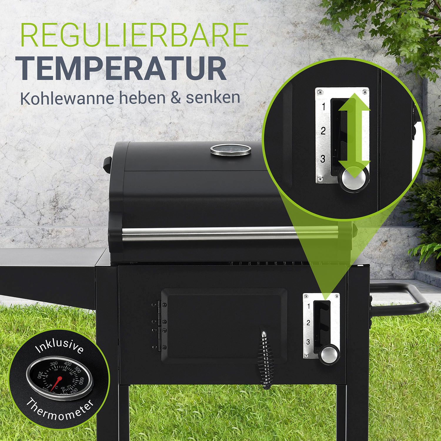 Juskys Holzkohlegrill Missouri - Deckel, Räder, verstellbare Kohlewanne & Abdeckhaube