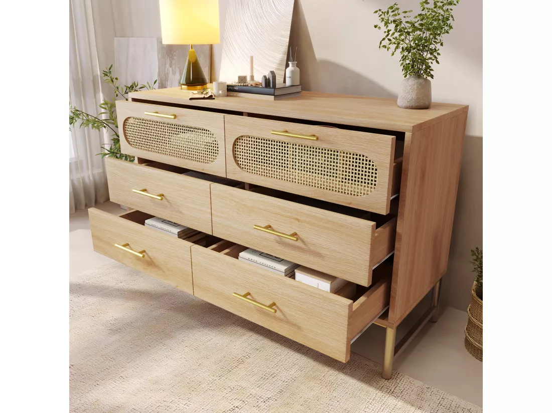 Commode en rotin avec 6 tiroirs, pour salon et chambre, poignées en métal, anti-basculement, 120 x 40 x 74 cm, chêne Sonoma