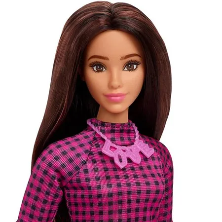 Barbie Fashionistas Puppe im pink-schwarz-karierten Kleid, kurvig, „Love“ Halskette, für Kinder ab 3 Jahren