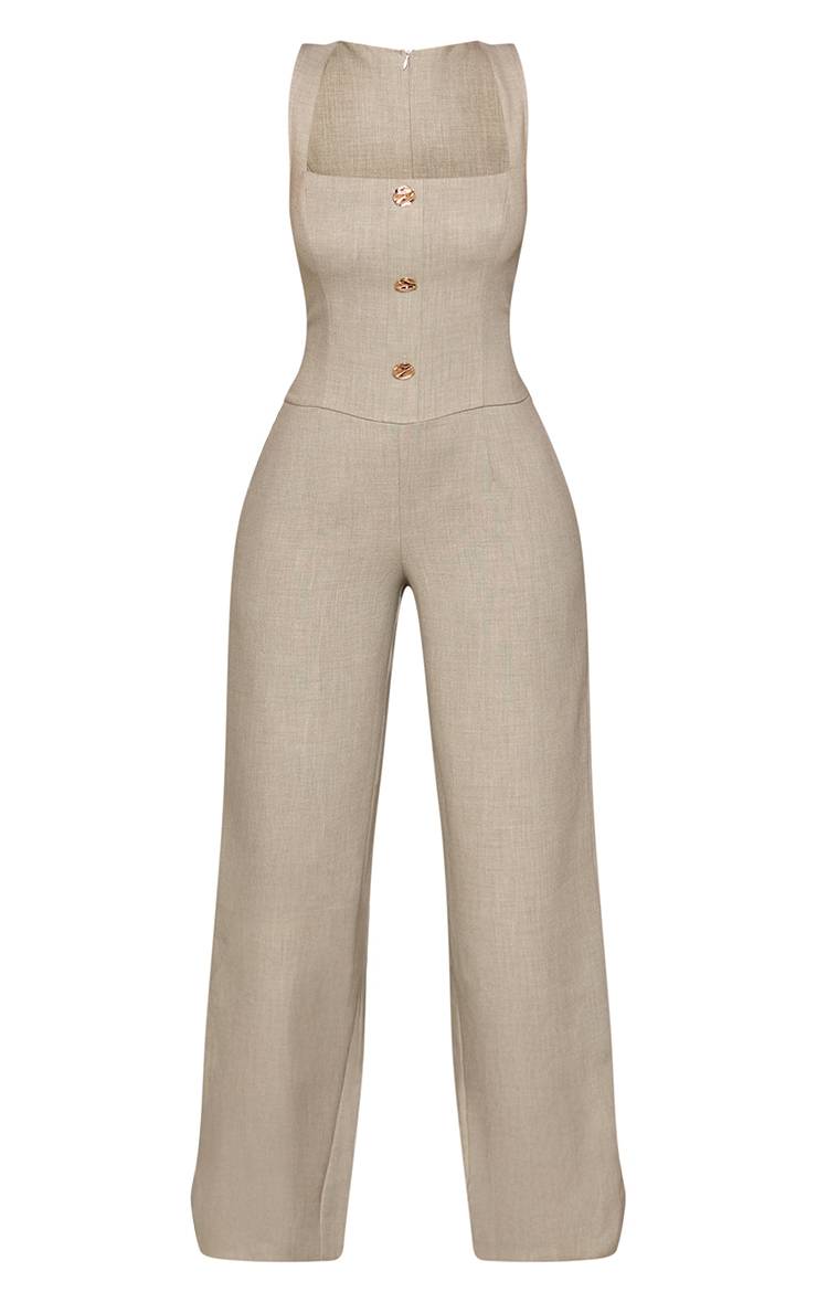 Vert Sauge Combinaison Pantalon Large À Bretelles Avec Boutons Martelée Ajustée Noire Shape