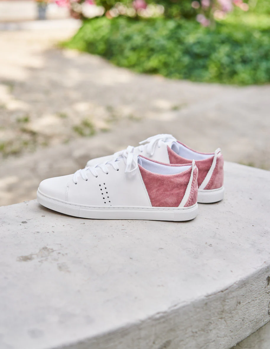 Baskets basses Renée - Cuir blanc et velours côtelé rose
