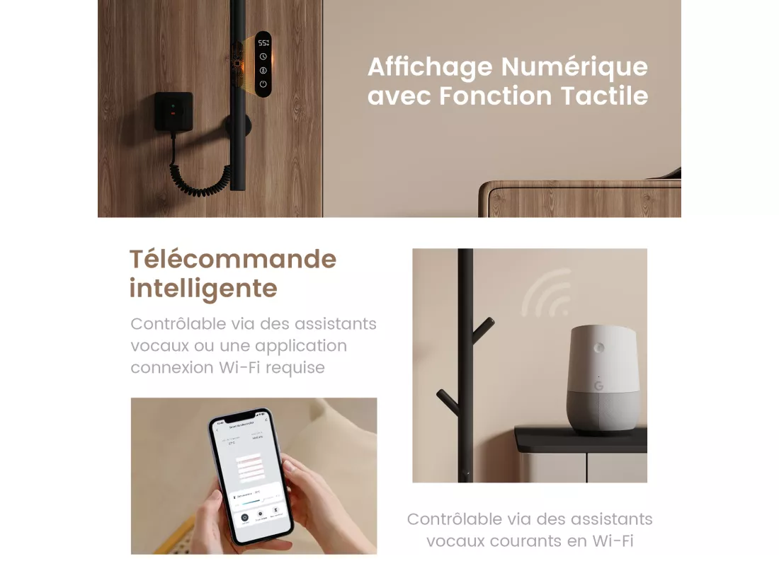 EMKE Chauffe-serviettes Électrique, thermostat intelligent WiFi, sèche-serviettes électrique, barre unique, 150 cm de hauteur, Noir