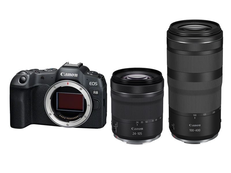Canon Fotokamera EOS R8 RF 24-105 STM / 100-400 Kit 24-105 Vollformatige Hybridkamera mit zwei Objektiven