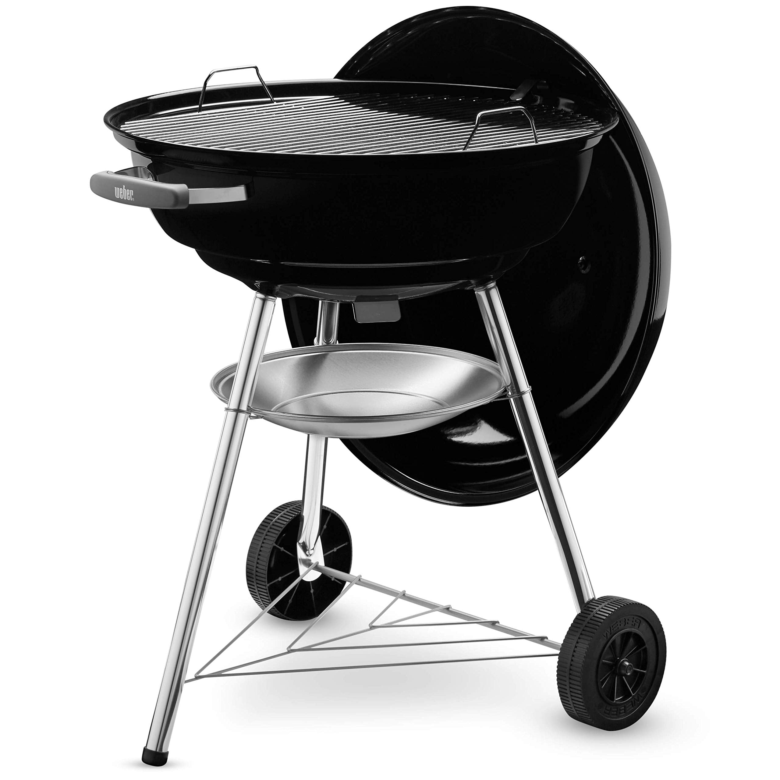 Weber Compact Kettle barbecue au charbon de bois, surface de cuisson Ø 57cm, barbecue avec couvercle et cuve en acier emaillé, trépied et roues, grille chromée – Noir (1321004)