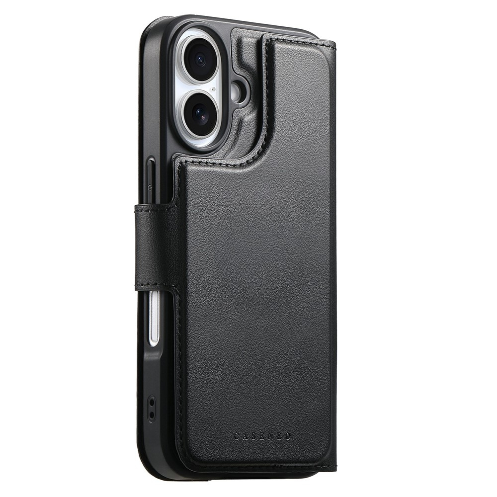 iPhone 16 MagSafe Leder Case Schutzhülle mit Finger Griff Halterung   Abnehmbare Tasche inkl. Kartenfächer (RFID Schutz) - Schwarz