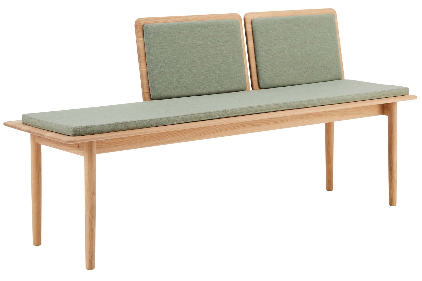 Elba Benk 3-seter. Eik såpebehandlet  i tekstil Crisp 4752 Dusty green, 2-seter med polstret sete og rygg.