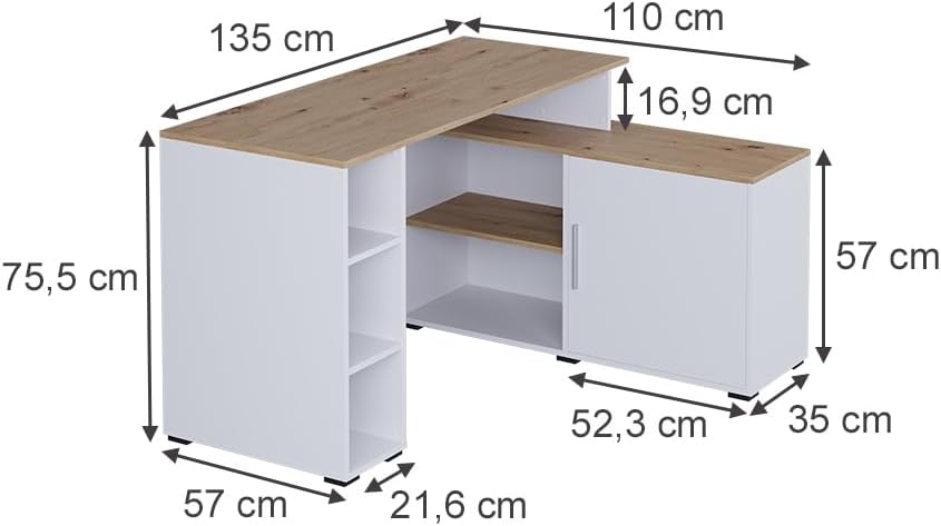Vicco Eckschreibtisch Rudy, Weiß/Artisan, 135 x 110 cm mit Regalen