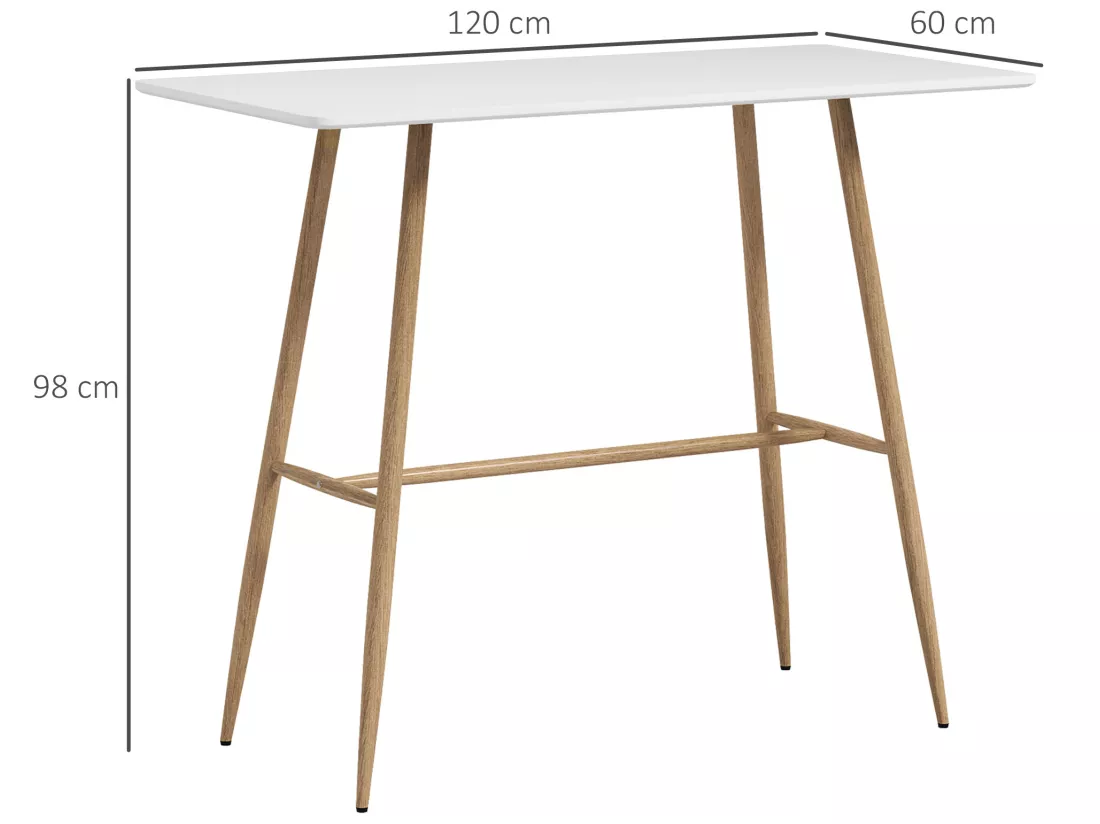 Table de bar rectangulaire style scandinave - dim. 120L x 60l x 98H cm - châssis piètement acier aspect bois plateau MDF blanc