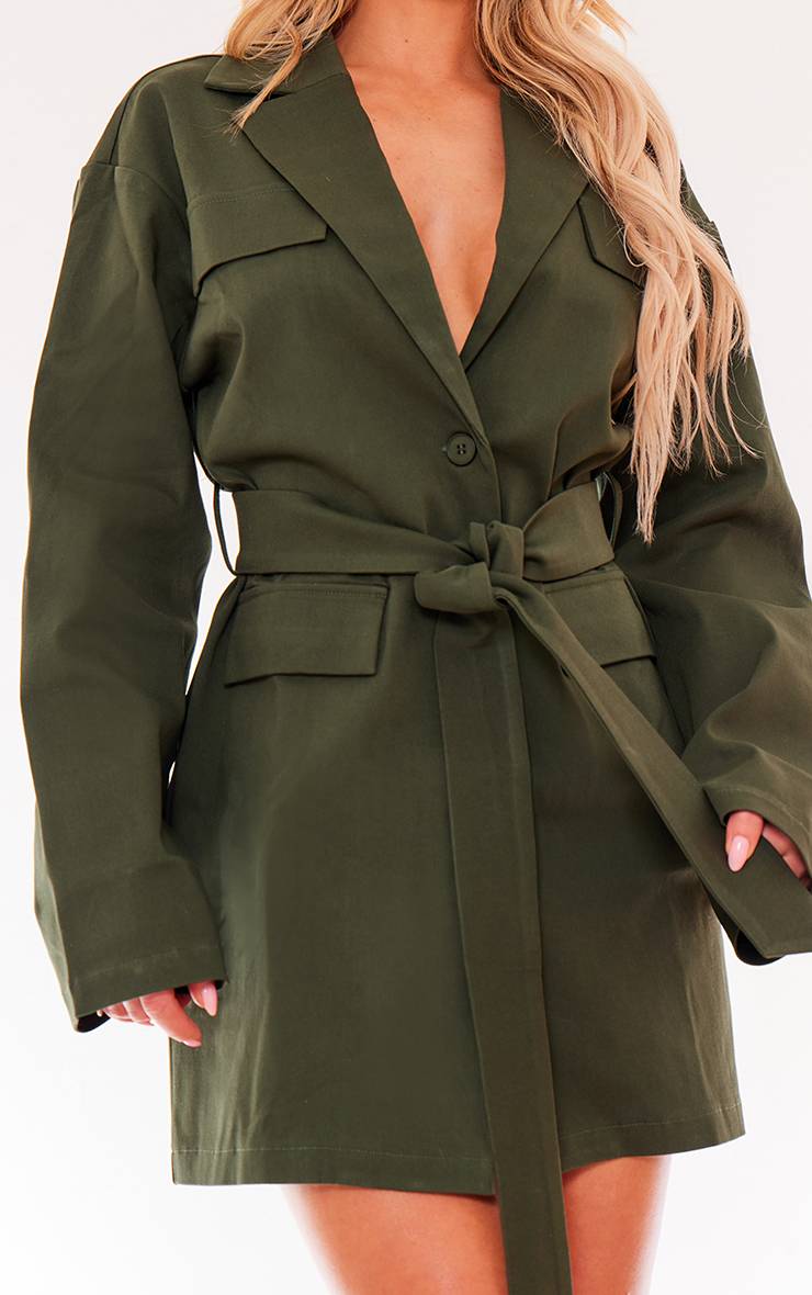 Kaki Robe Blazer Tissée Ceinturée À Boutons