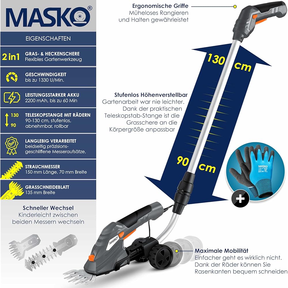 Masko® Cisaille à Gazon | Cisaille à arbustes + Gants, Set avec Batterie 7,2 V 2 000 mA/h et Chargeur | Taille-haie électrique de Jardin | Ciseaux à Gazon avec Lame à Herbe, Lame pour arbuste, Gris : Jardin