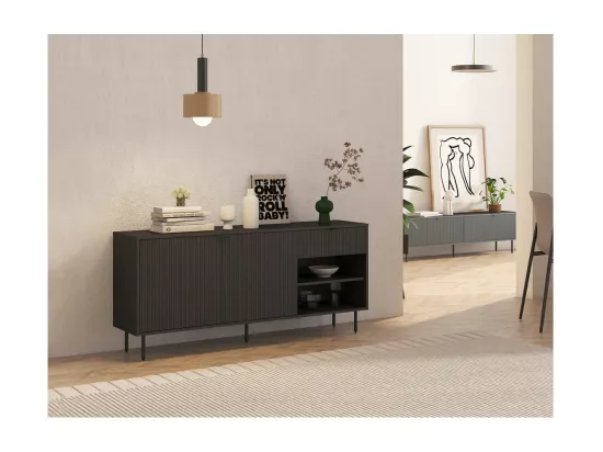 Buffet 2 portes et 1 tiroir PAYTON à lattes noir - 150x40 cm