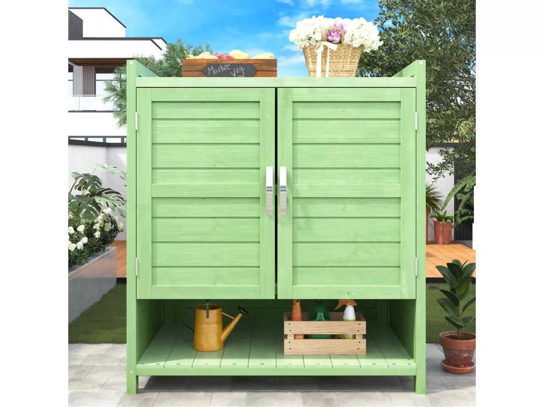 Armoire de jardin, abri de jardin en bois massif avec 2 portes et 1 compartiment - 87.7 x 40 x 70.2 cm - Vert